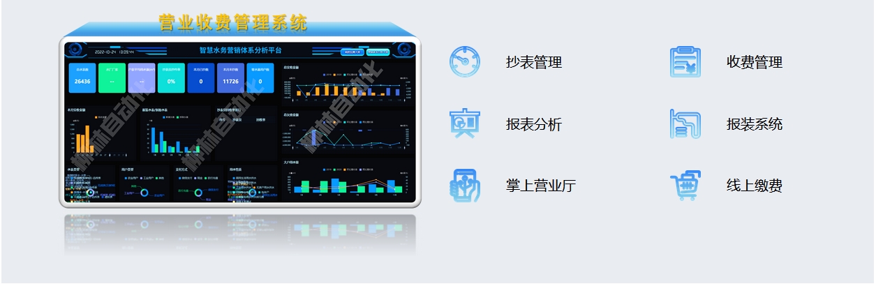 营业收费管理系统：抄表管理、收费管理、报表分析、报装系统、掌上营业厅、线上缴费