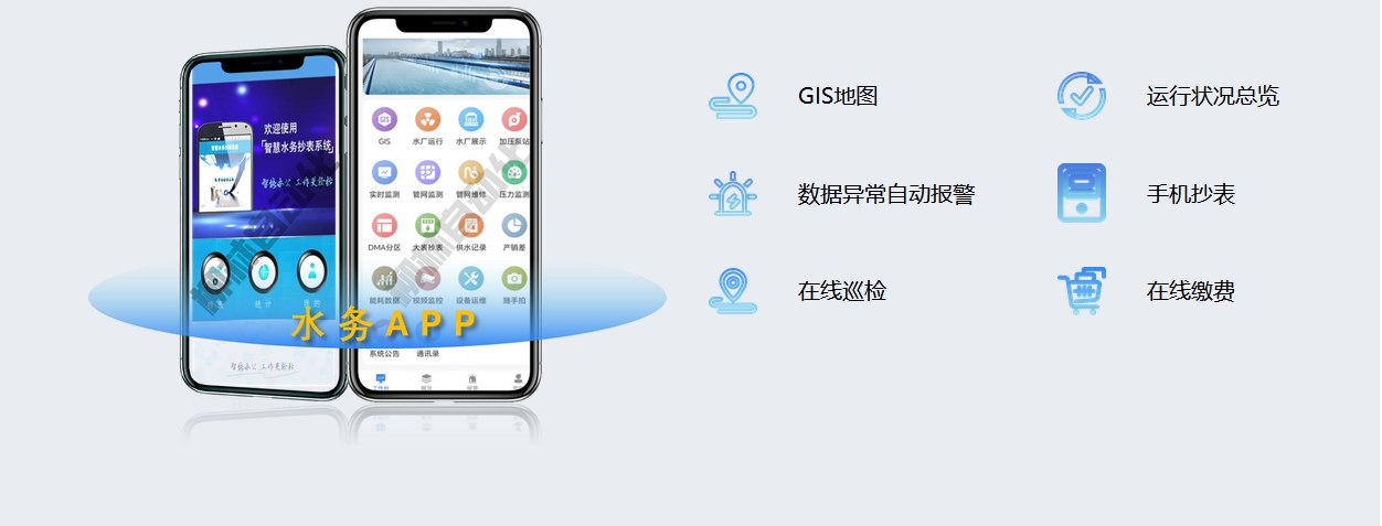 水务APP:GIS地图、运行状况总览、数据异常自动报警、手机抄表、在线巡检、在线缴费
